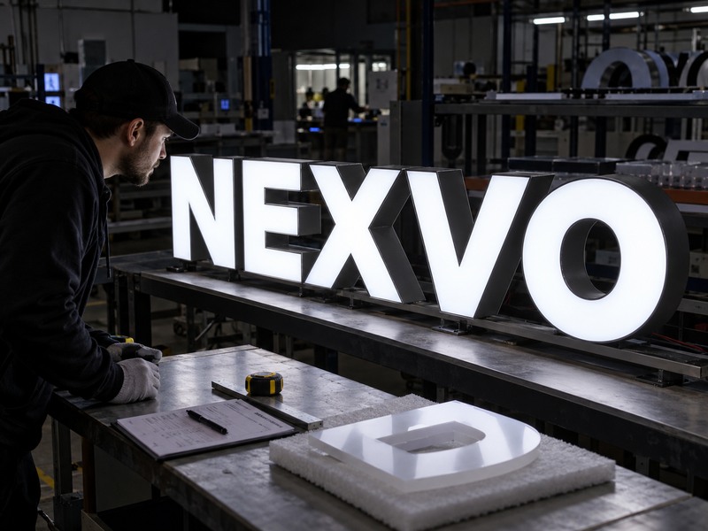 Illuminated channel letters undergoing acrylic face quality inspection