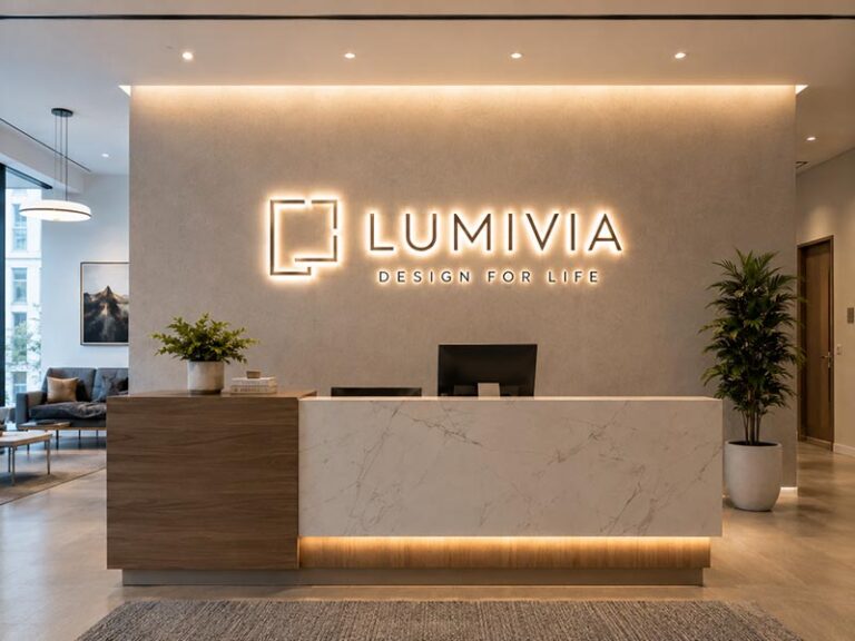 Custom acrylic LED logo sign installed on a modern commercial reception wall