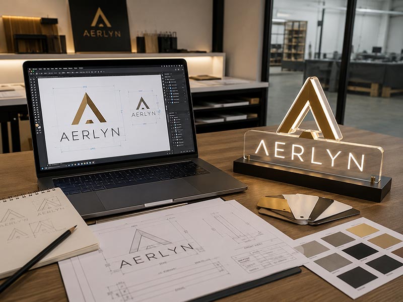 Design file (AI) beside a sample Acrylic LED logo sign