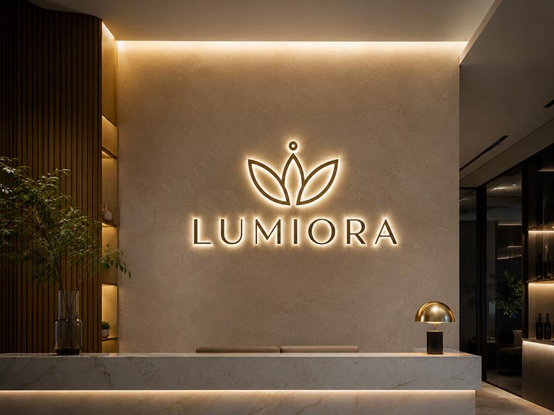 Acrylic LED logo sign front view in premium interior