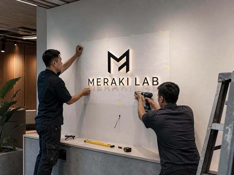 Acrylic LED logo sign installation with template and hidden wiring