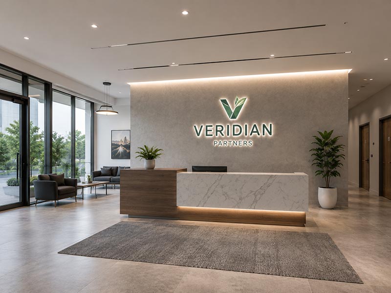 Acrylic LED logo sign correctly positioned on an office reception wall