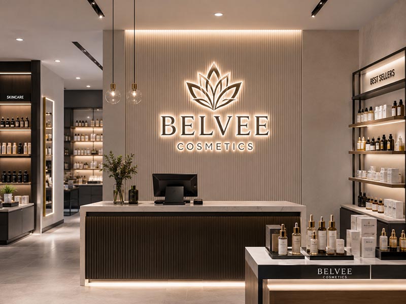 Acrylic LED logo sign installed behind the counter in a modern retail store