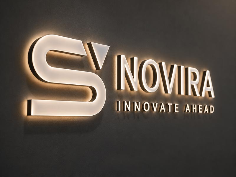 Close-up of a custom acrylic LED logo sign showing its illuminated face and dimensional structure