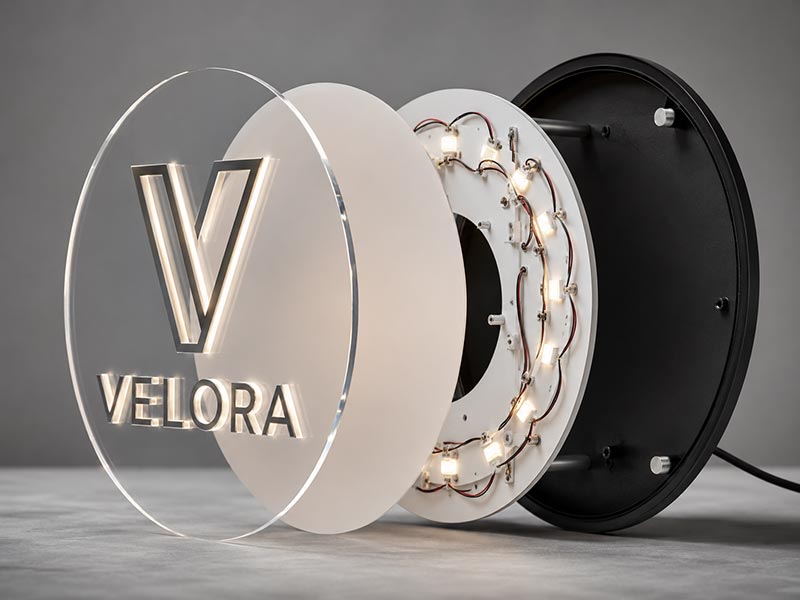 Acrylic LED sign assembly showing layers, LED layout, and backing