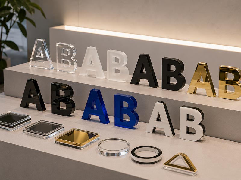 Acrylic letter samples showing different colors finishes and thicknesses