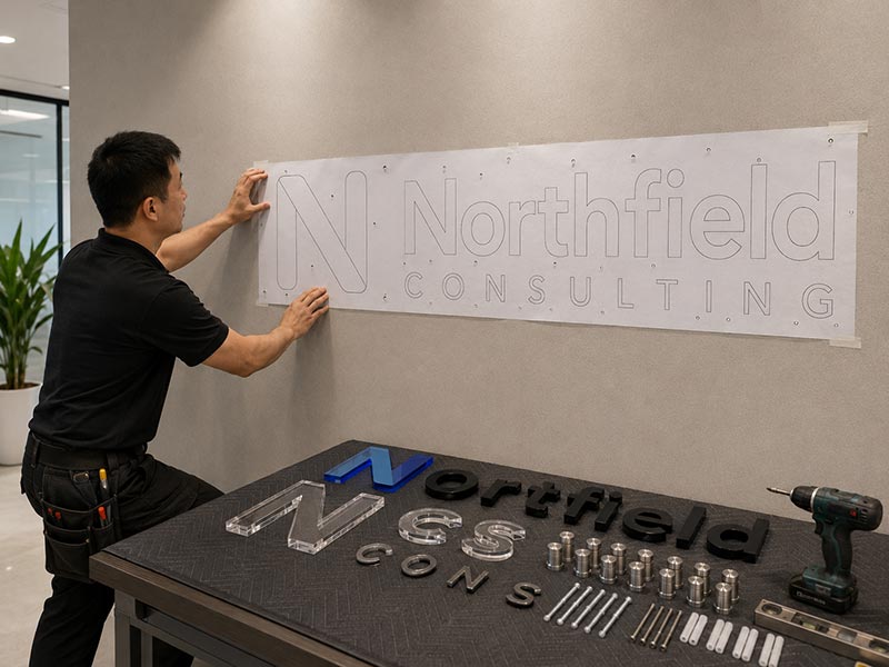 Installer positioning acrylic letters with a full-size wall mounting template