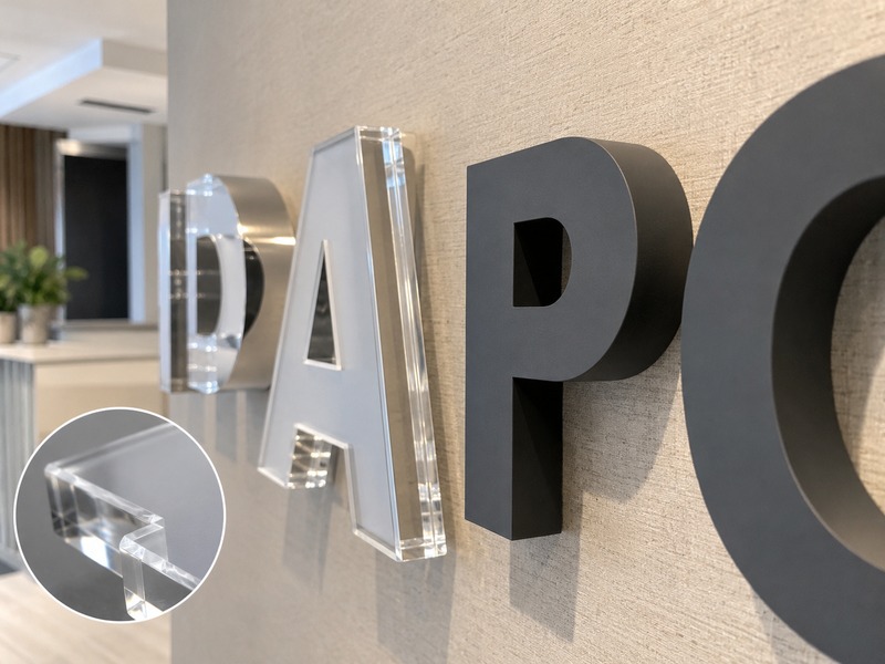 Close-up comparison of acrylic and painted PVC letters on a commercial reception wall.