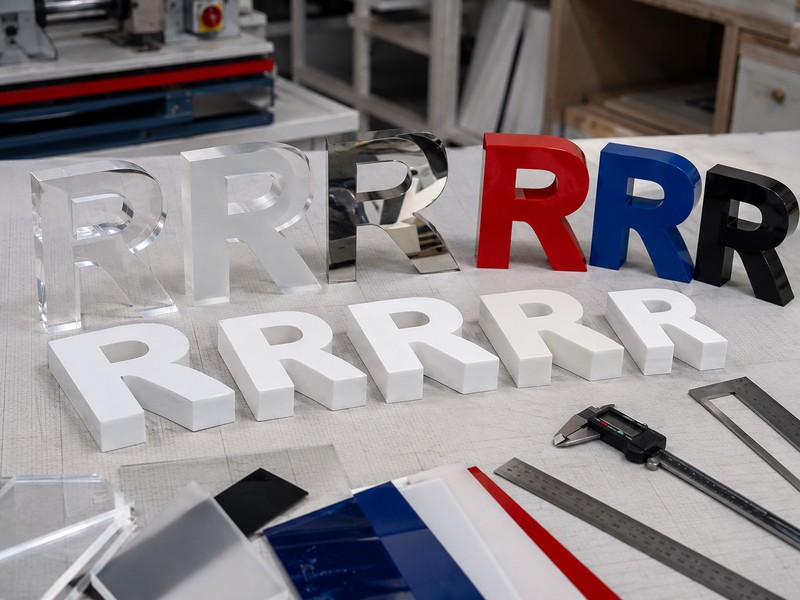 Acrylic and PVC dimensional letter samples showing different materials, finishes, and thicknesses.