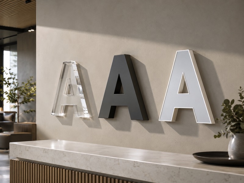 Solid acrylic, painted PVC, and acrylic-faced PVC letters displayed in a modern reception area.