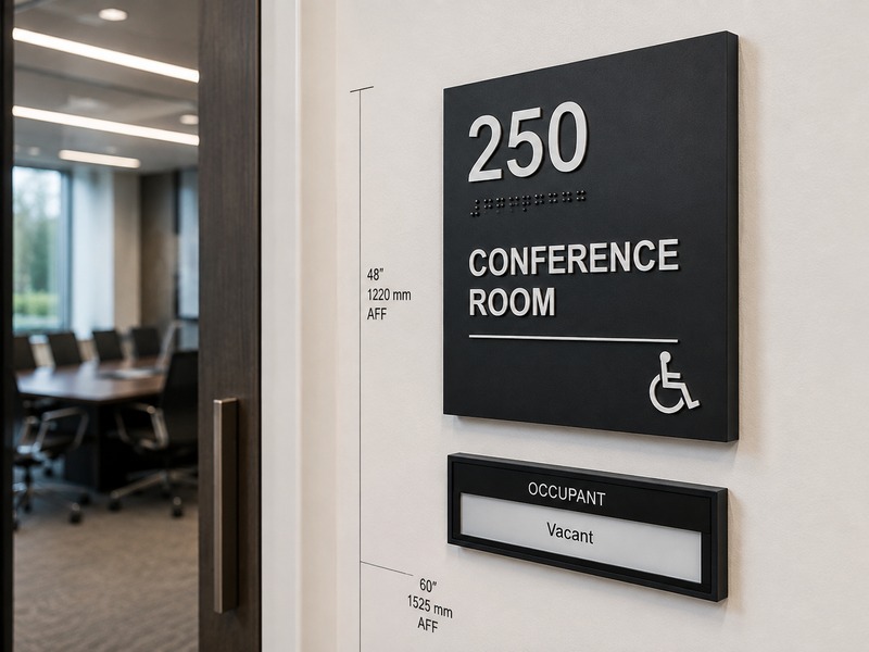 ADA office room sign with tactile characters, Braille and accessible door placement