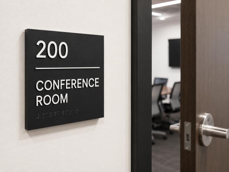 Tactile ADA room sign with raised text and Grade 2 Braille