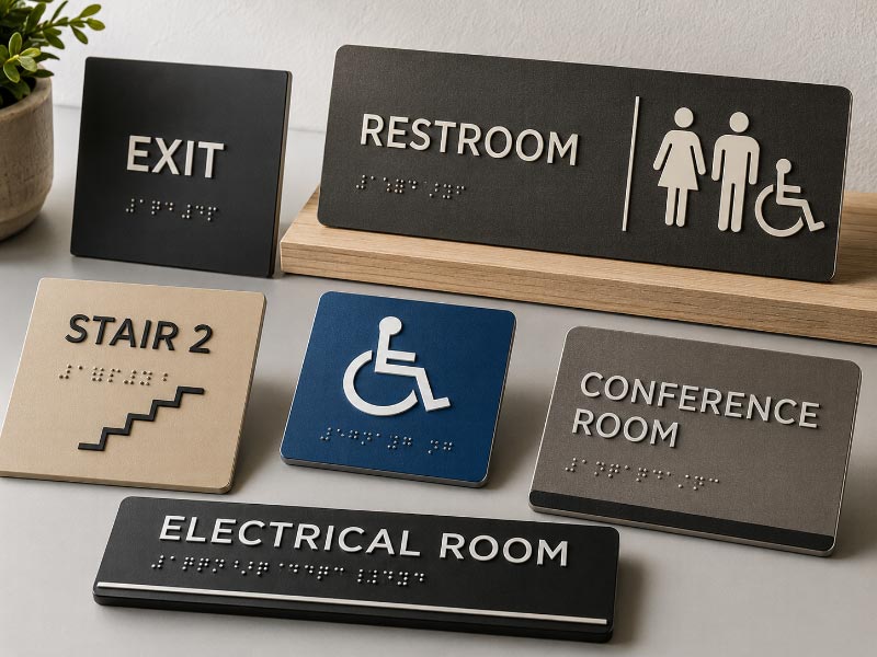 ADA sign details with raised characters Braille and accessibility symbols