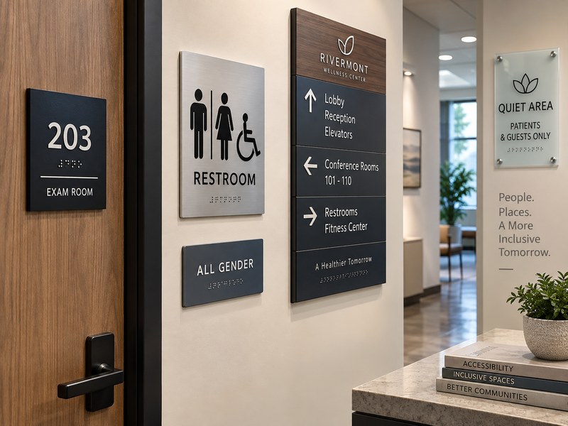 Custom ADA signs in a commercial interior showing different sign types, materials, and tactile Braille features