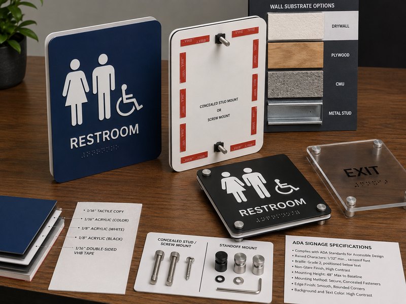 ADA sign materials and mounting methods with acrylic panels and installation hardware