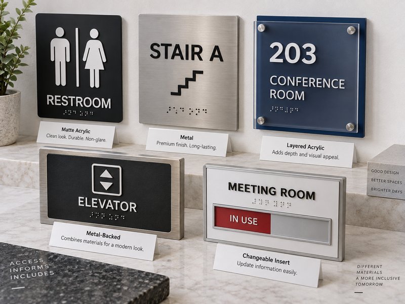 ADA signs in acrylic, metal, and layered designs showing different materials, finishes, and construction styles