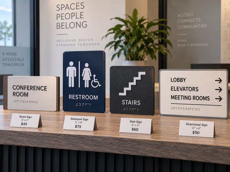Different ADA sign types displayed together to show how sign size, type, and construction affect pricing