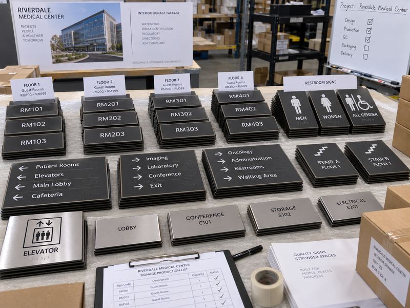 Large batch of ADA signs organized by type and floor for a commercial signage project