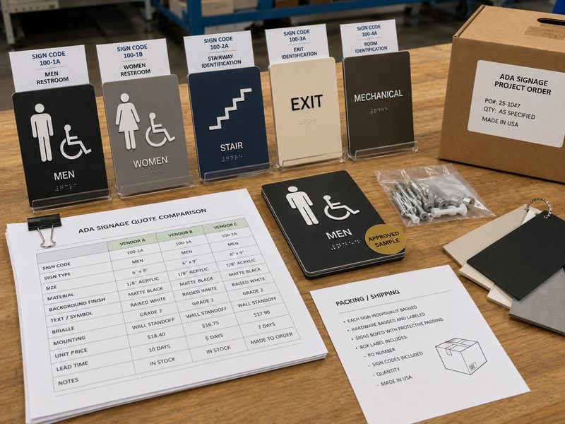 ADA sign quote comparison with approved samples, specifications and finished signs