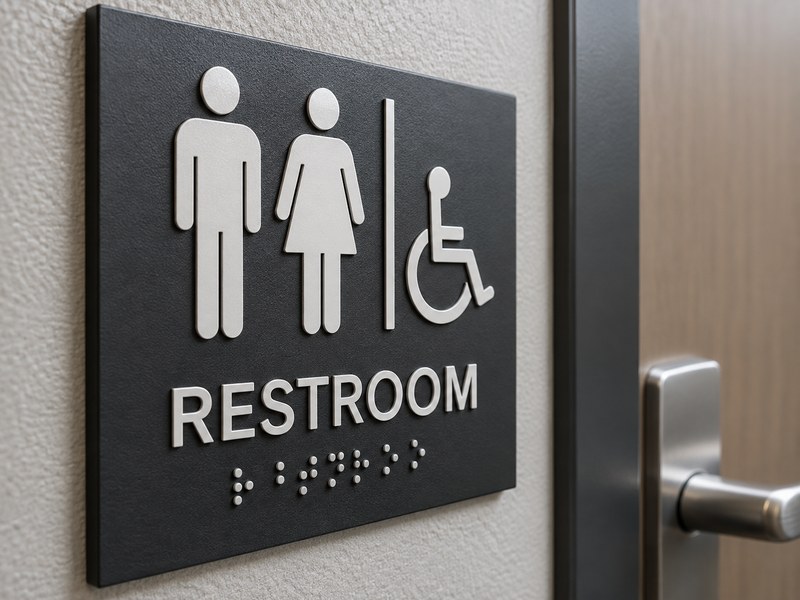 Close-up of an ADA sign with tactile letters, Braille, contrast, and compliant mounting beside a door