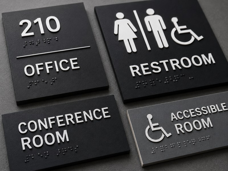 ADA signs with tactile characters, Braille, pictograms and non-glare contrast