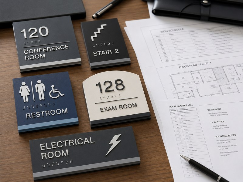 ADA sign RFQ requirements with room signs, sign schedule and project drawings
