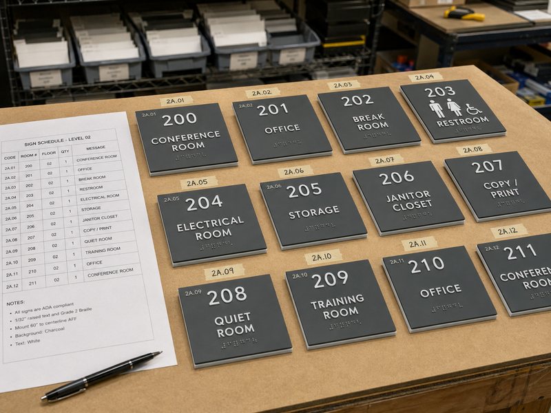 ADA sign schedule with coded room signs, room numbers and production quantities