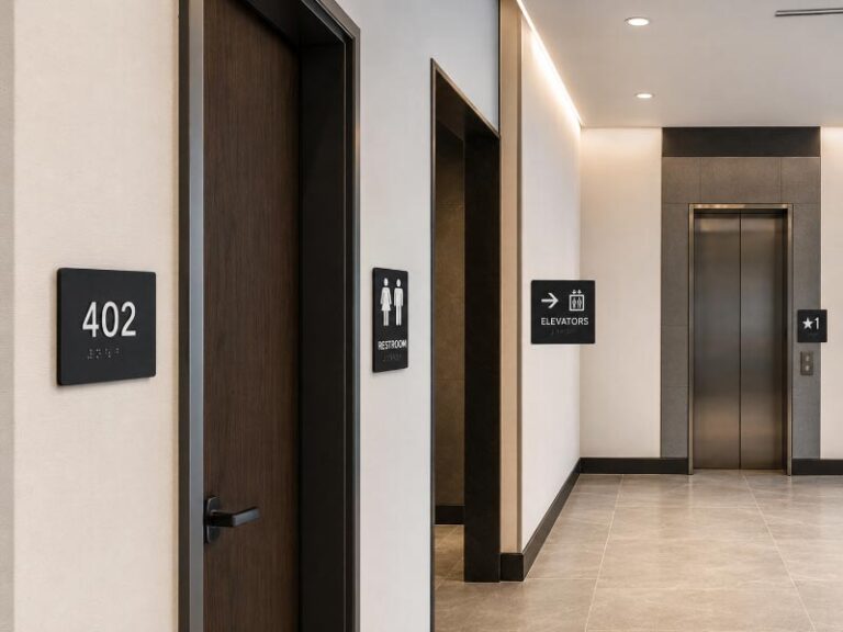 Custom ADA signs installed throughout a modern commercial building