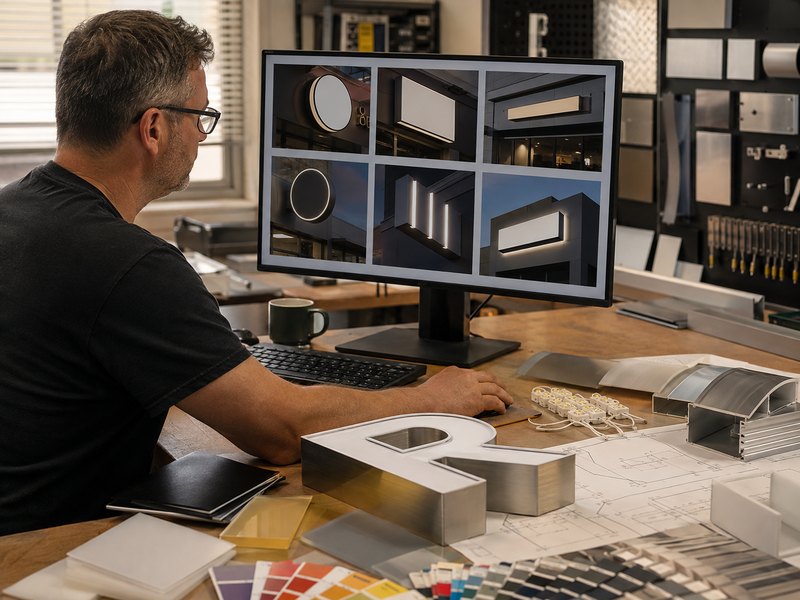 Commercial sign designer comparing AI-generated storefront concepts with channel letter and material samples