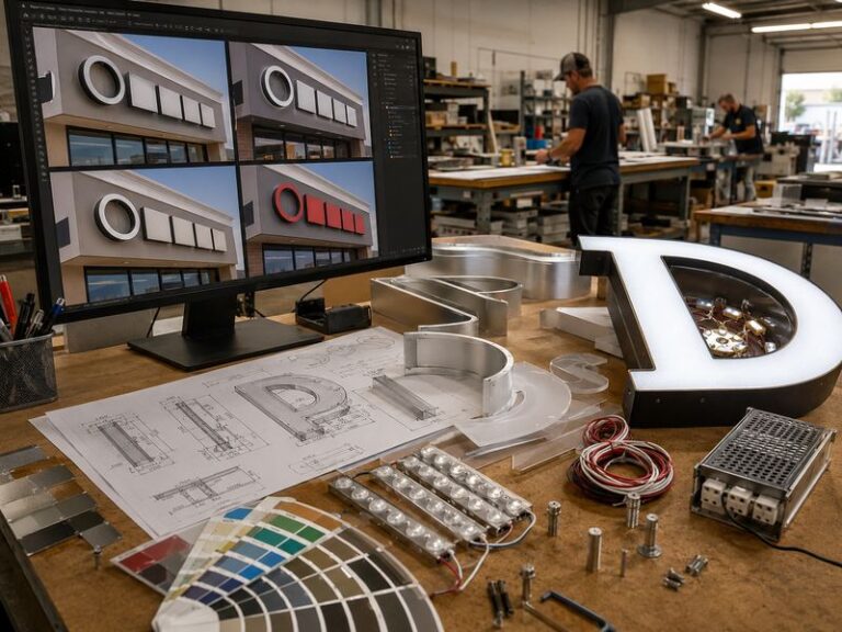 AI-assisted commercial sign design moving from storefront concept and shop drawings to channel letter production