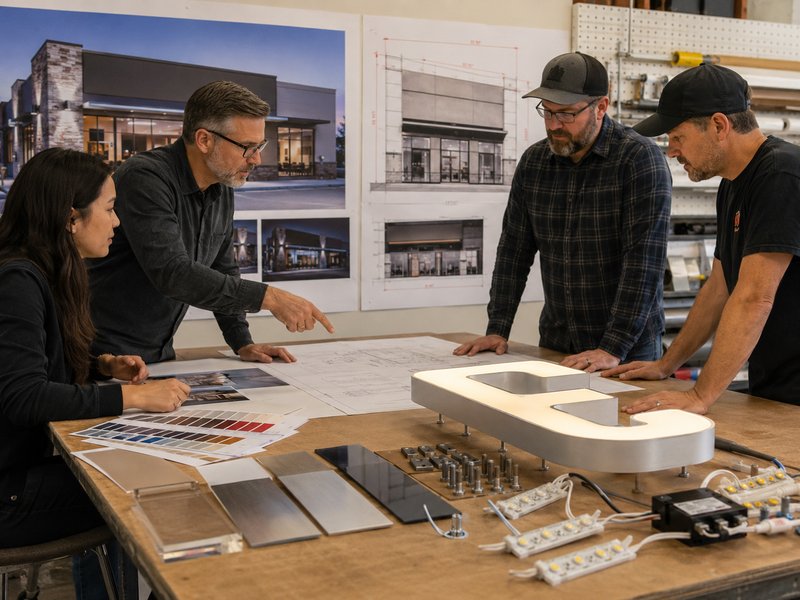 Sign design team reviewing an AI storefront mockup, channel letter sample, shop drawing, and installation hardware