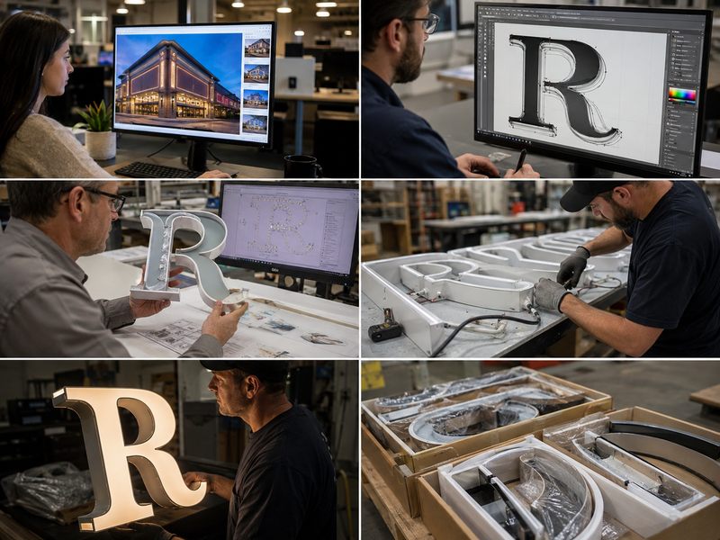 AI-assisted custom sign development from storefront concept and vector design to channel letter production, inspection, and packaging