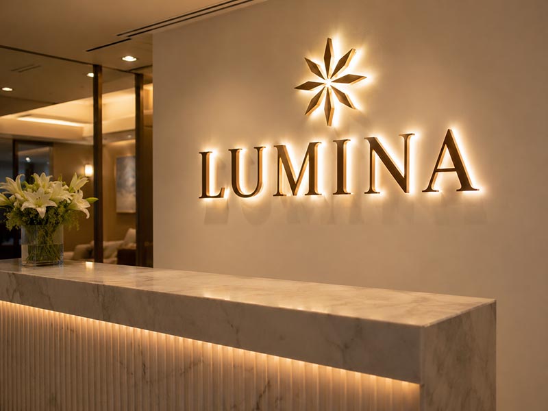 Premium back-lit halo sign on an indoor brand wall