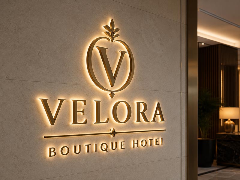 Backlit hotel logo sign with a soft premium glow