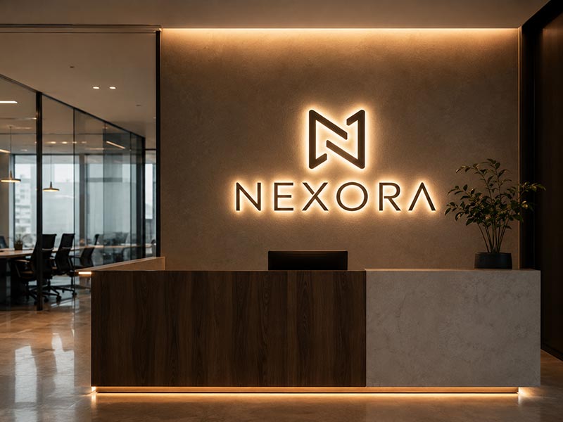 Soft backlit office logo sign on a modern reception wall