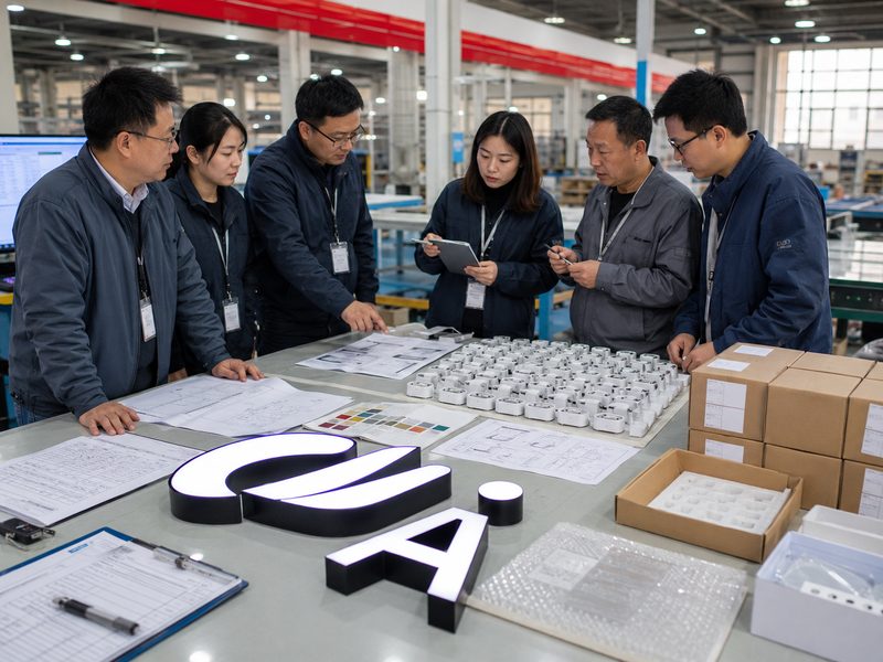 Supplier approval meeting reviewing pilot sign samples, quality records, packaging, and production readiness.