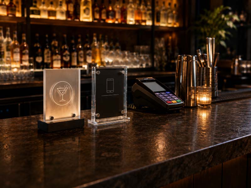Compact acrylic and illuminated counter signs for a commercial bar