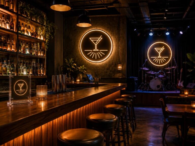Commercial bar interior with coordinated counter, wall, and stage signs