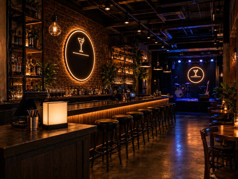 Bar sign placement showing different roles for counter, wall, and stage signage