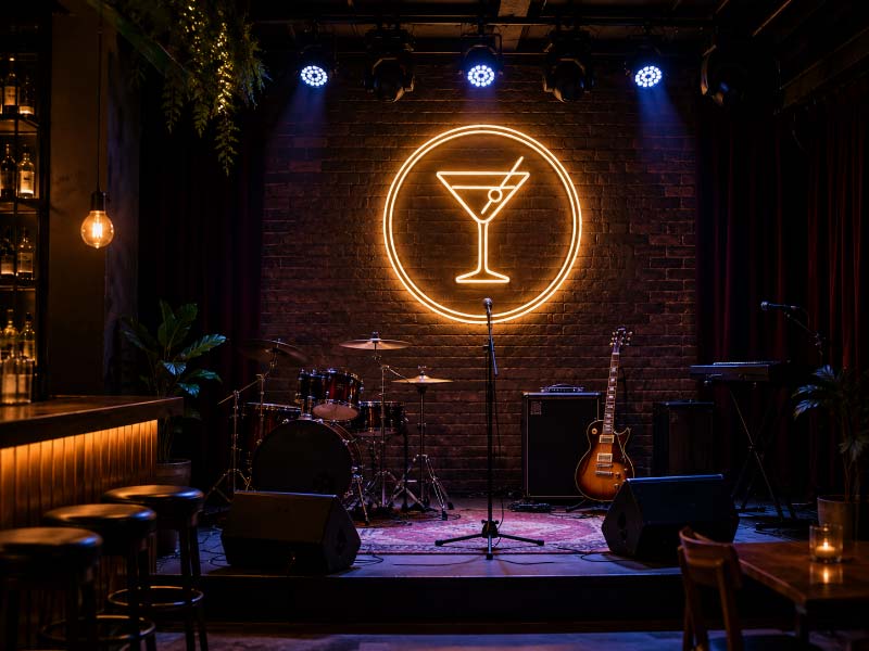 Large illuminated stage sign for a live music bar and event venue