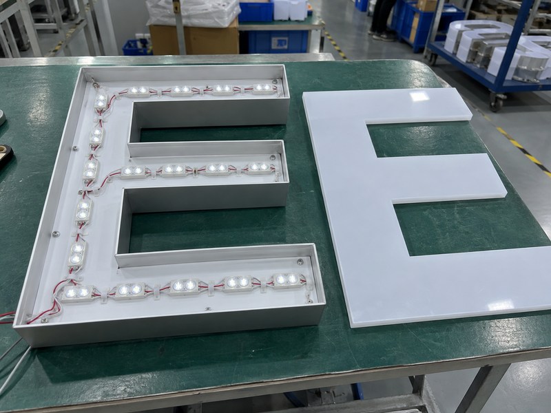 Basic LED module layout inside a front-lit channel letter with acrylic face removed