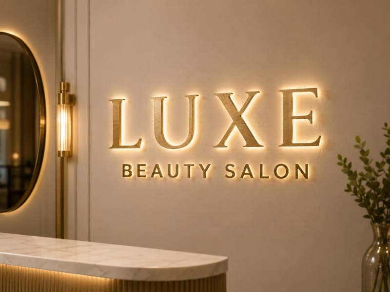 Champagne metal salon sign with soft warm halo lighting