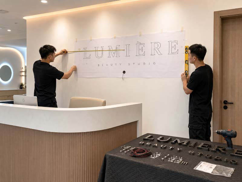 Installer measuring and positioning a reception wall sign