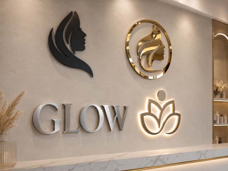 Acrylic, mirror, metal, and halo-lit signs for beauty spaces