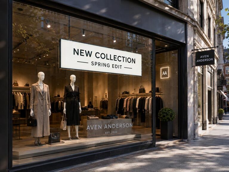 Modern retail window display with a slim LED light box and illuminated store logo