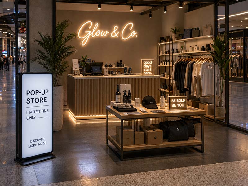 LED neon sign, freestanding light box, and countertop illuminated sign in a pop-up retail store