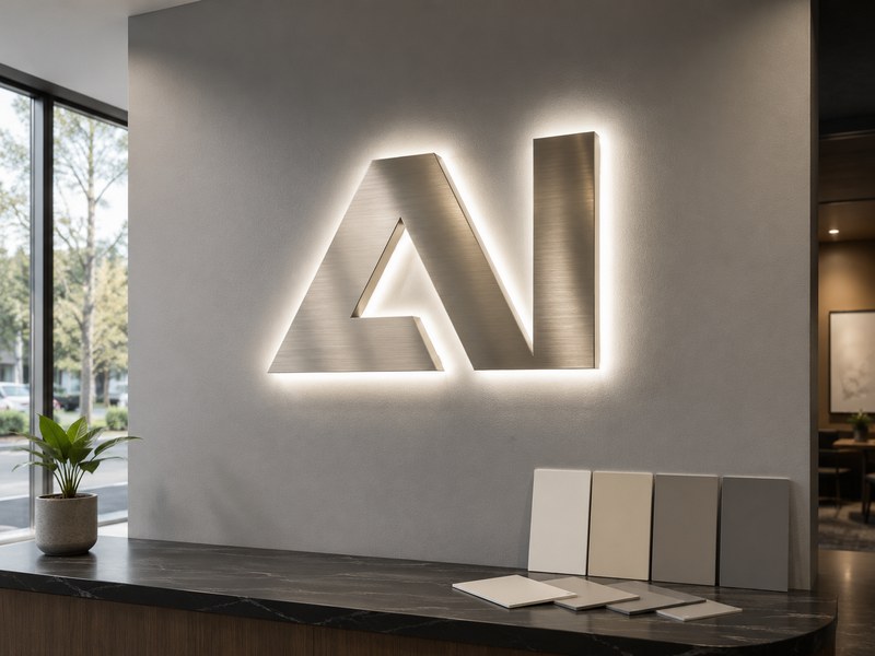 Halo-lit metal letters on a medium-gray wall selected for balanced contrast and light reflection
