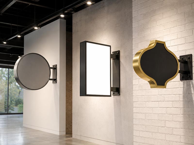 Illuminated and non-illuminated blade sign types displayed in a commercial showroom