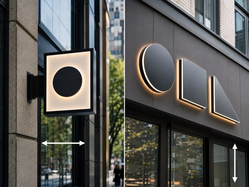 Double-sided blade sign compared with wall-mounted channel letters on commercial storefronts