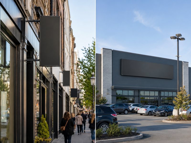 Blade signs for pedestrian streets and wall-mounted signs for open retail locations